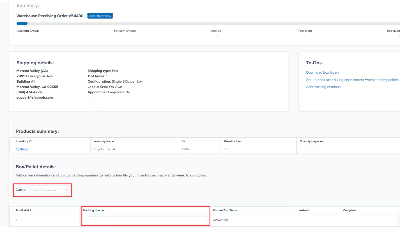 Add Tracking button in the Shipping Details section with tracking number entry fields