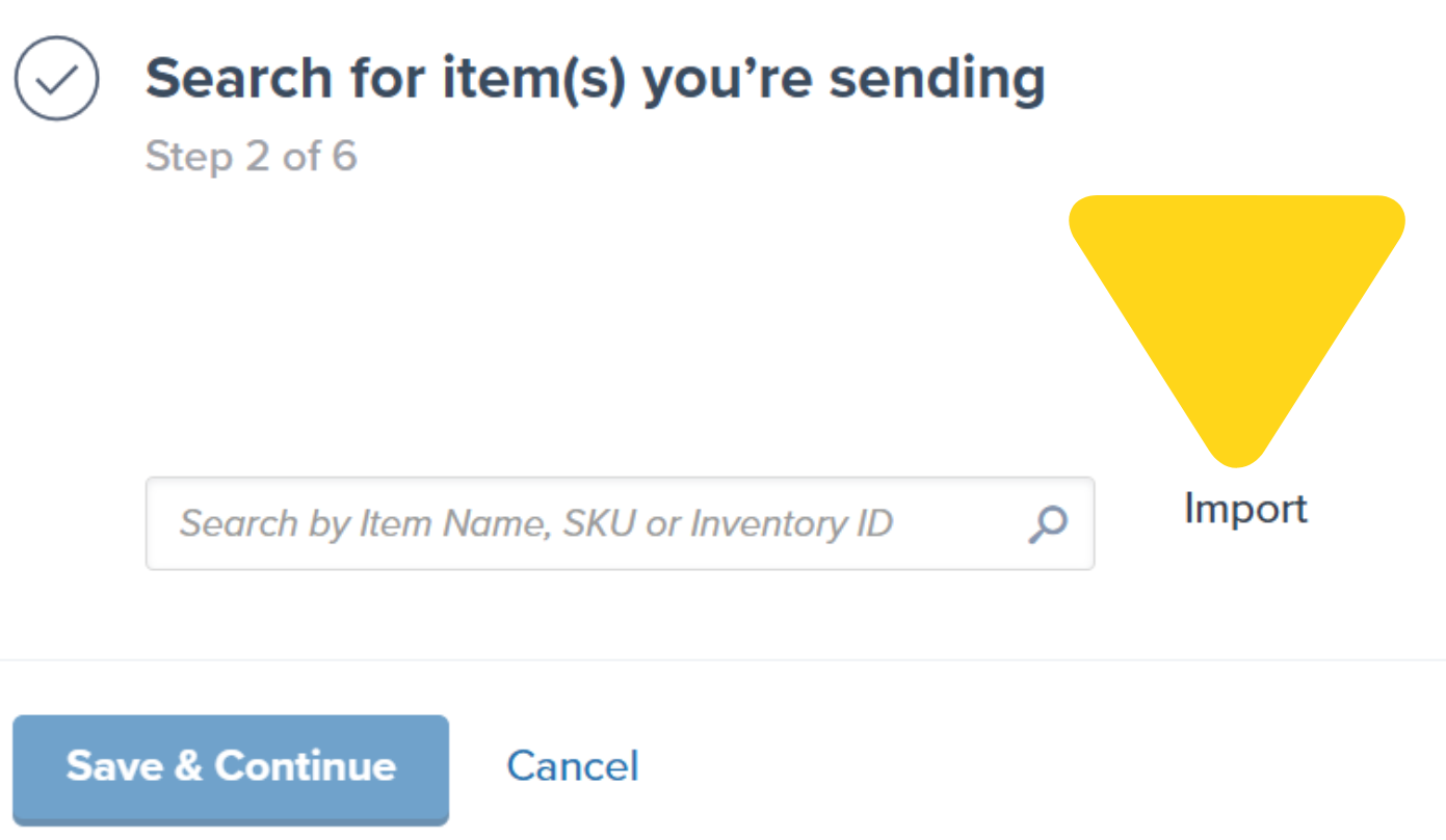 CSV template spreadsheet showing columns: InventoryId, SKU, ItemName, IsLot, QuantityToSend, LotNumber, ExpirationDate