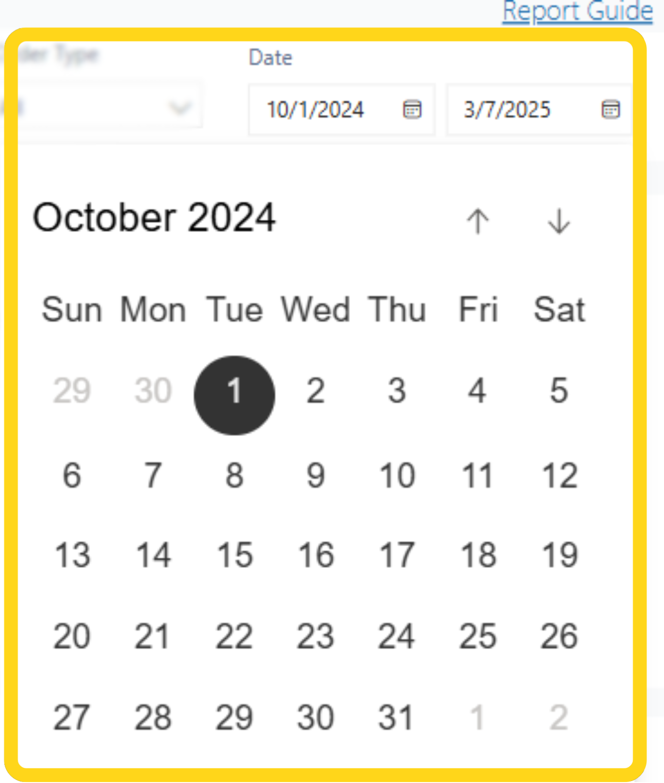 Date range calendar picker showing October 2024 with selectable date range