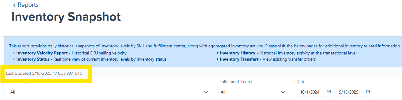 Inventory Snapshot Report page showing last refresh timestamp and daily inventory changes