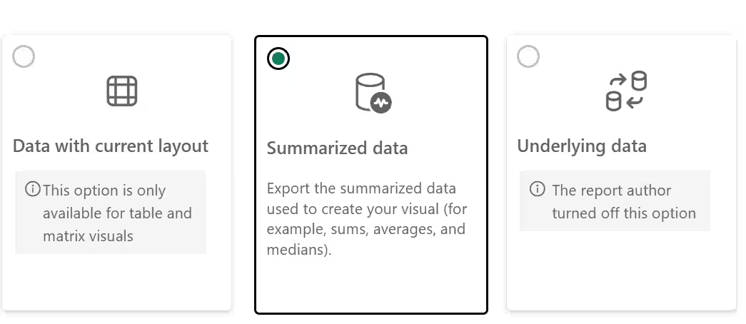Export format selection showing Current Layout and Summary Data options