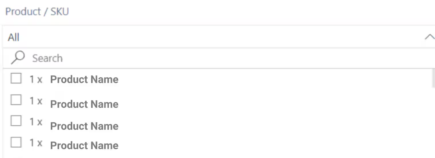 Product filter dropdown for selecting specific SKUs