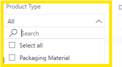 Product Type filter dropdown showing Products and Packaging Material options
