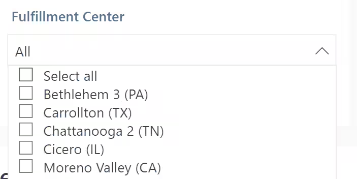Fulfillment Center filter with multiple location options