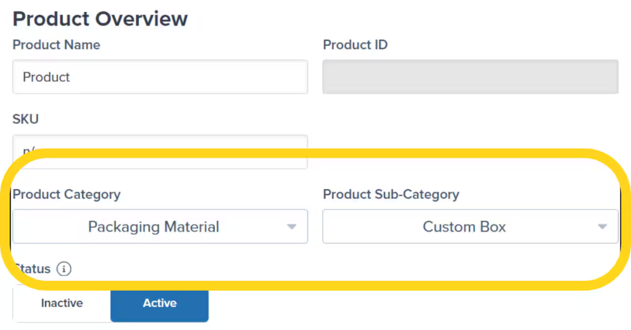 Product Type filter showing Packaging Material category selection