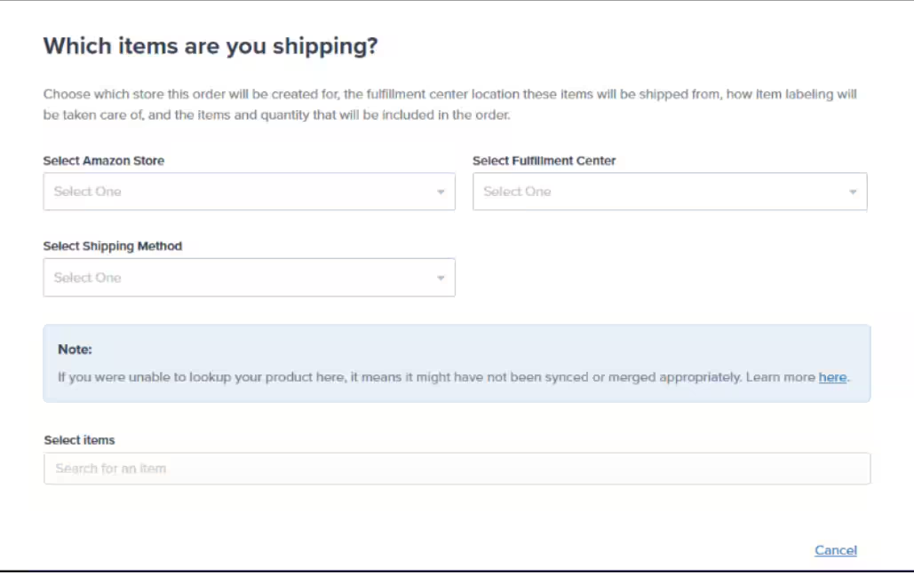 Which items are you shipping screen showing Amazon store selection, fulfillment center selection, shipping method dropdown, and items search field
