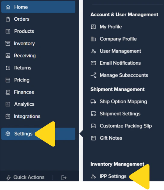 Dashboard Settings menu expanded with IPP Settings highlighted under Inventory Management