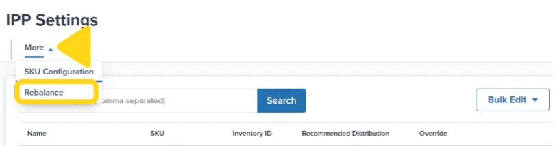 More drop-down menu open on the IPP Settings page with the Rebalance option highlighted
