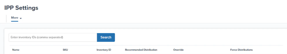 SKU Configuration table on the IPP Settings page with columns for Name, SKU, Inventory ID, Recommended Distribution, Override, and Force Distributions
