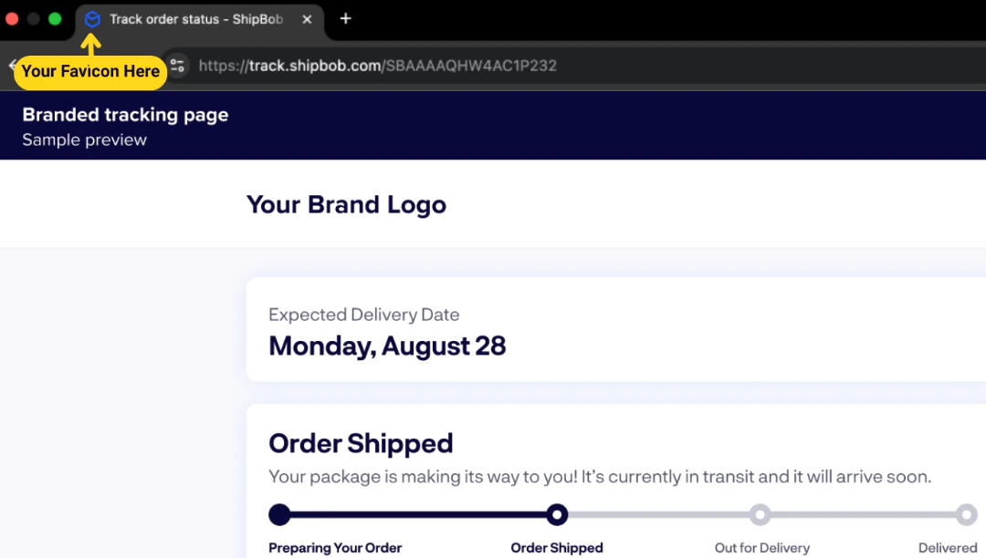 Example branded tracking page shown to a customer, with a brand logo, expected delivery date, and shipment status timeline
