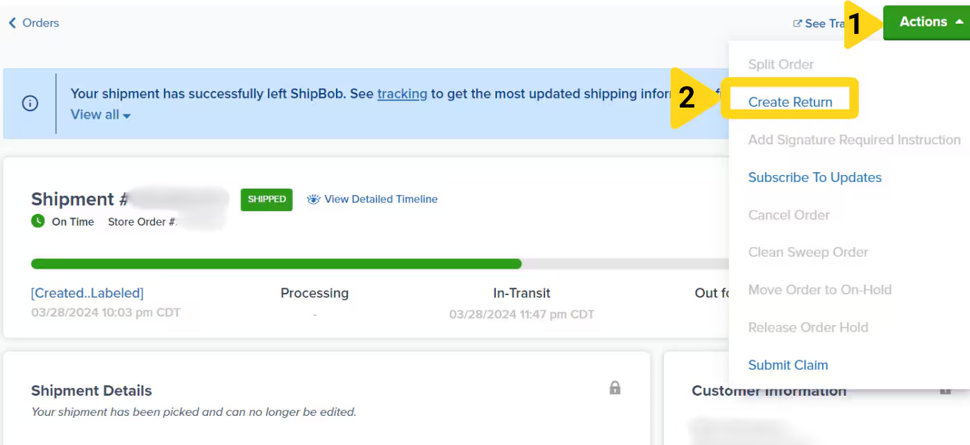 Order Details page showing Actions button and Create Return option in dropdown menu