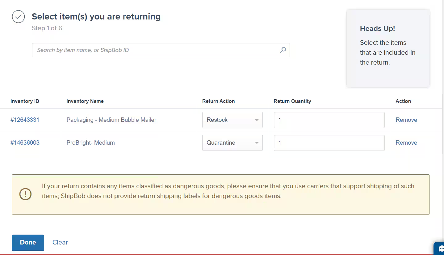 Select items you are returning dialog showing product table with Return Action and Return Quantity columns