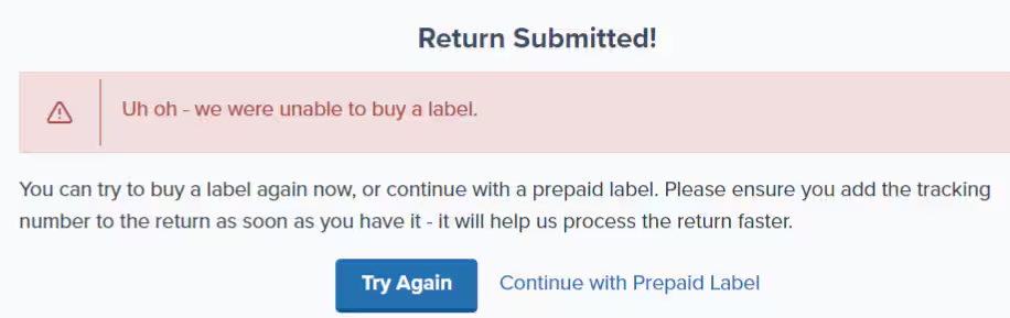 Label selection options showing Prepaid Label, Purchase Carrier Specific Label, and Purchase ShipBob Optimized Label
