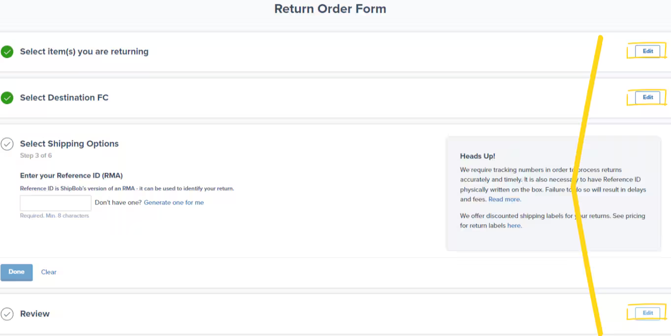 Review step showing return order details including destination FC, shipment ID, reference RMA, and products summary