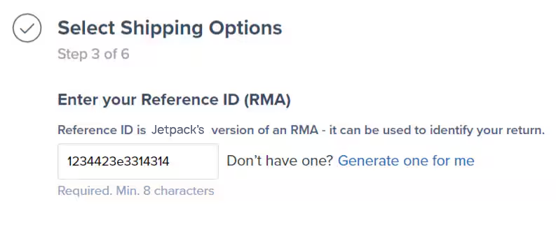 Select Shipping Options step showing Reference ID (RMA) entry field with Generate one for me link
