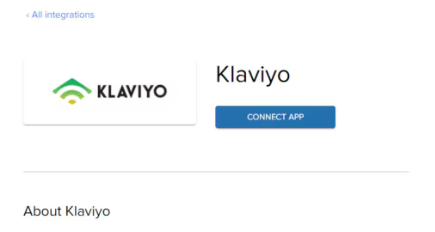 Klaviyo integration details page with CONNECT APP button
