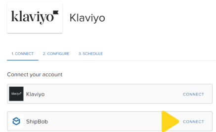 Connection page with Klaviyo connected and ShipBob CONNECT button highlighted