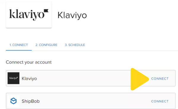 Connect your account page showing Klaviyo and ShipBob connection options