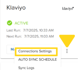 Klaviyo app card showing three-dot menu with Connection Settings option