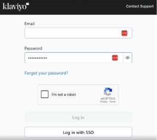 Klaviyo login form with email and password fields