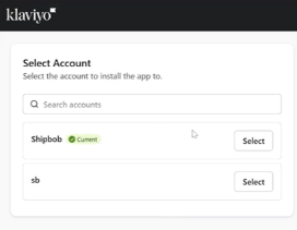 Select Account dialog showing available Klaviyo accounts