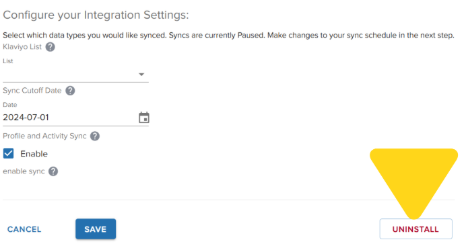 Klaviyo configuration page with UNINSTALL button visible