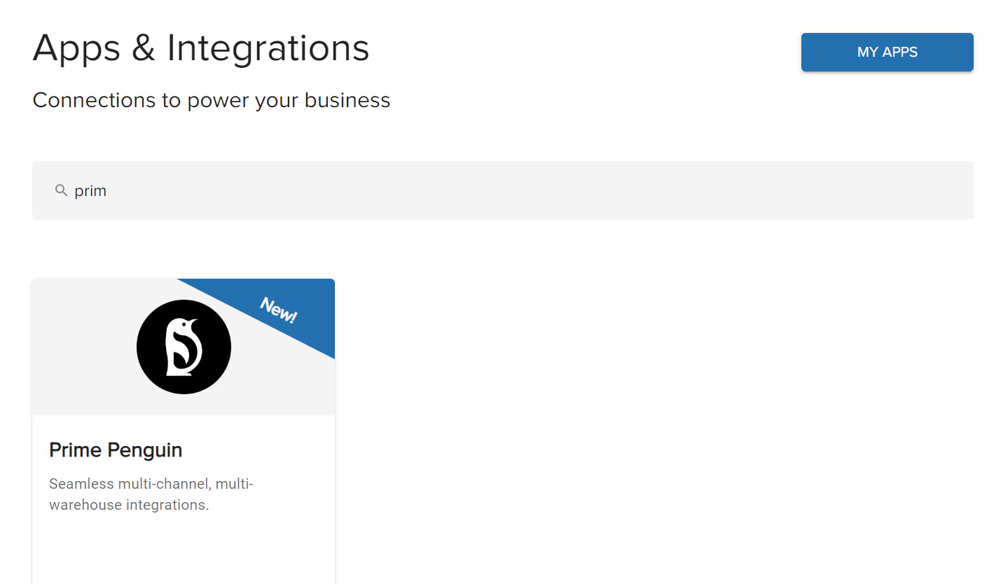 Apps & Integrations page showing Prime Penguin tile in search results