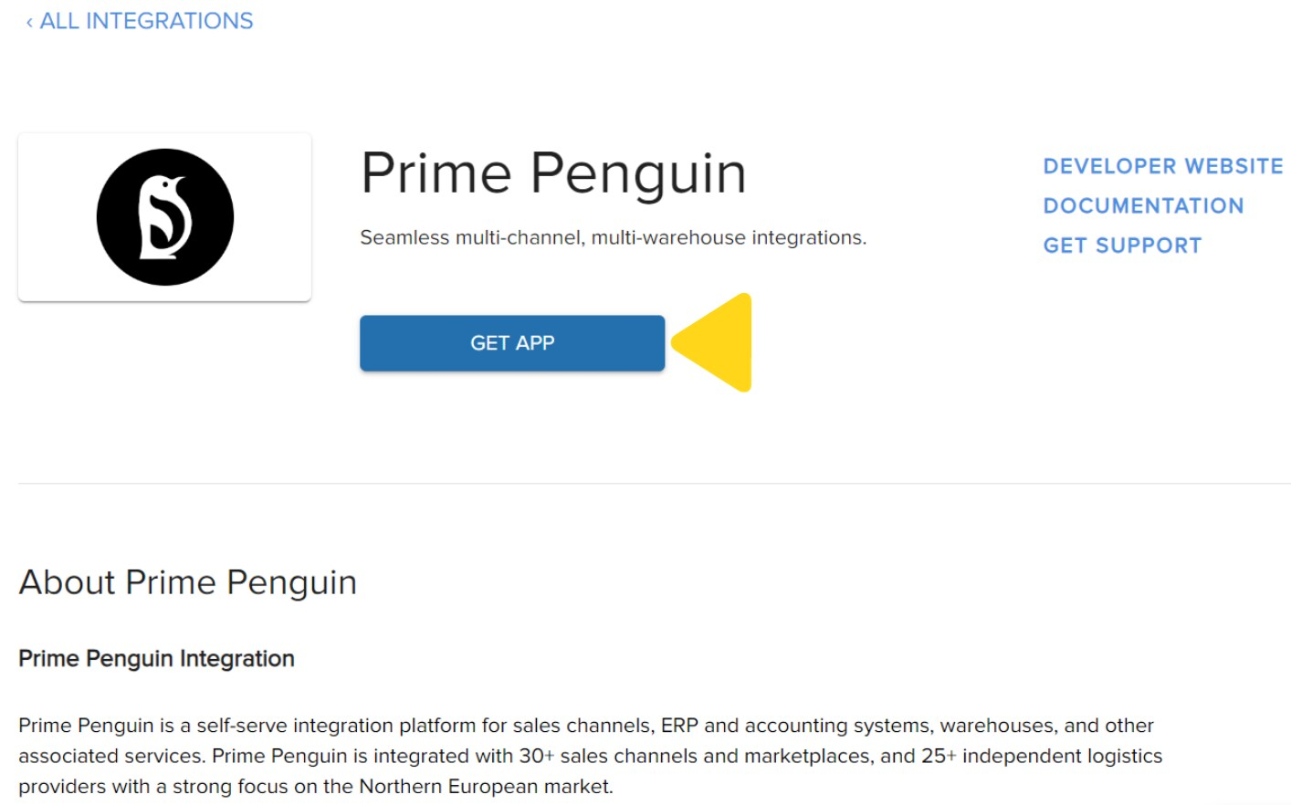 Prime Penguin integration details page showing Get App button and integration description
