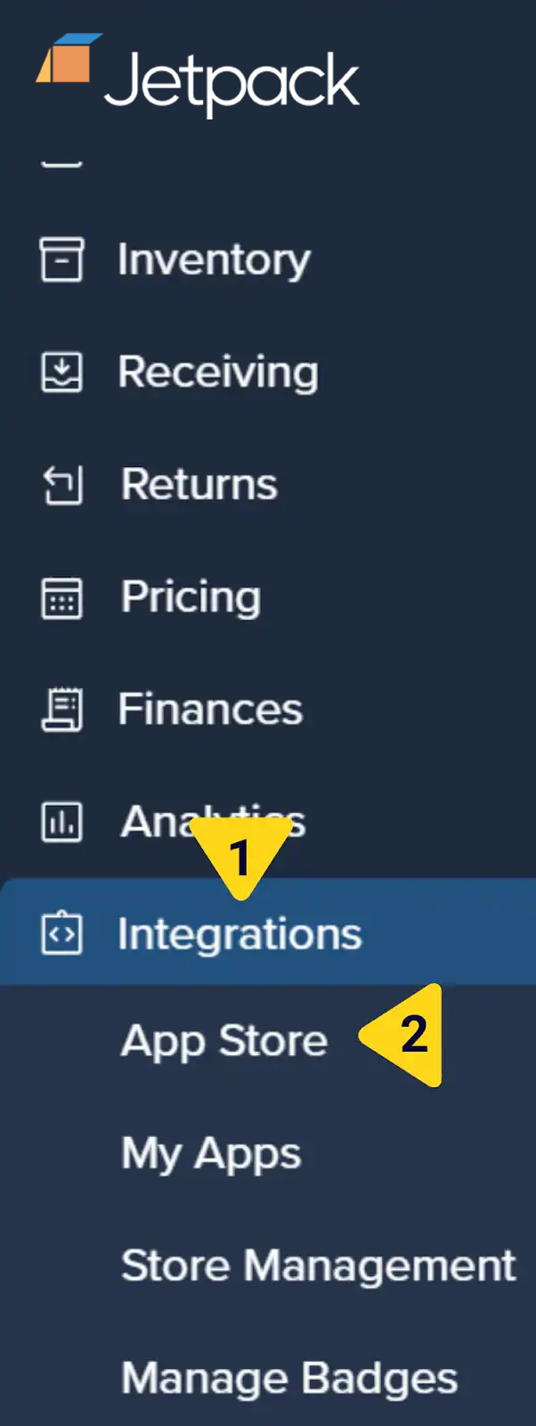 Jetpack dashboard navigation showing Integrations menu expanded with App Store option