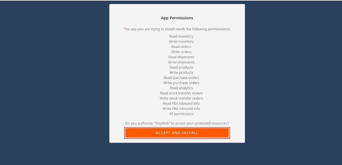 App Permissions dialog showing requested permissions for Skubana integration