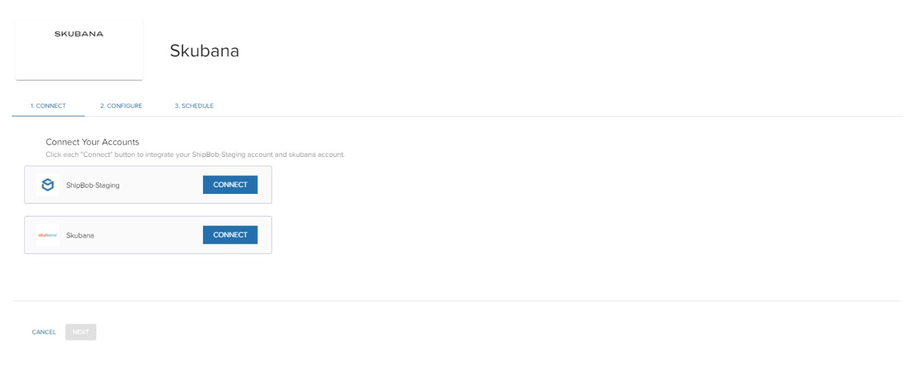 Connect your account screen showing Skubana and Jetpack-Staging connection options
