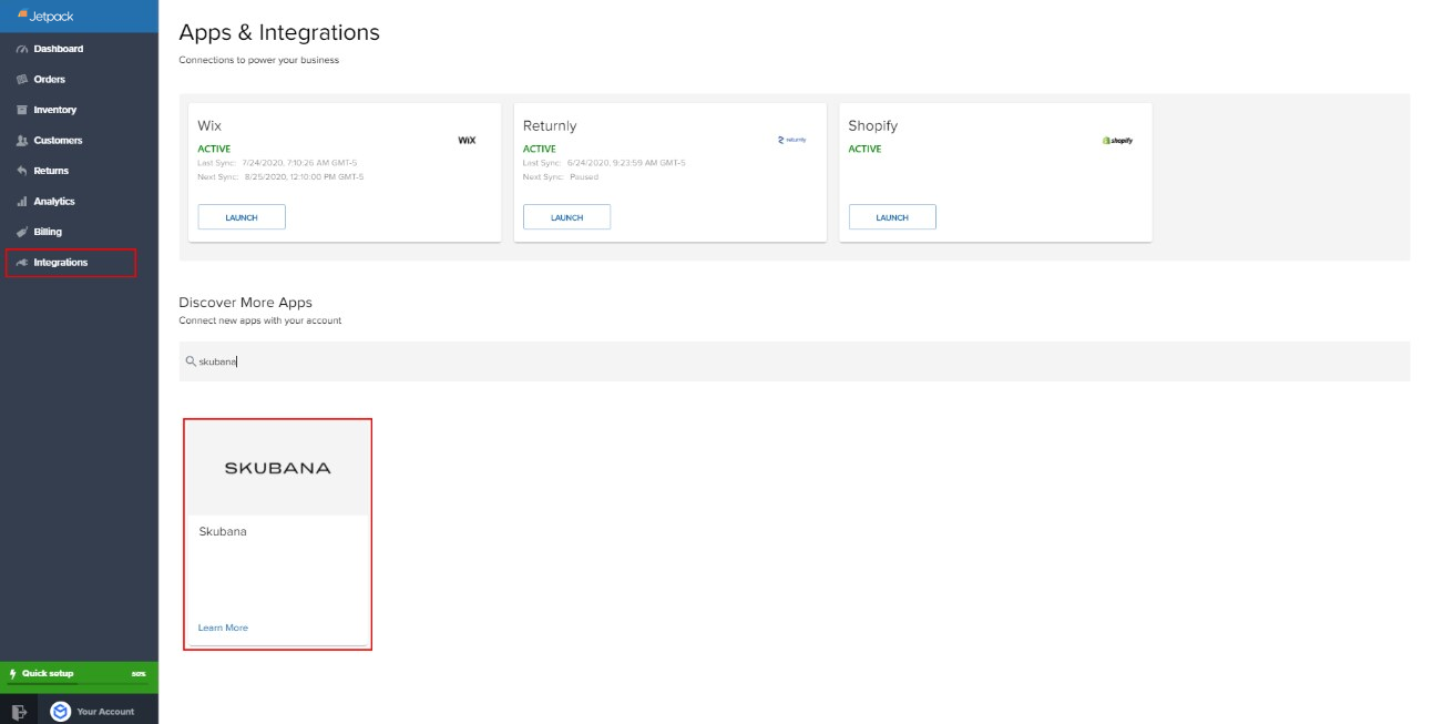 Apps & Integrations page with Skubana tile