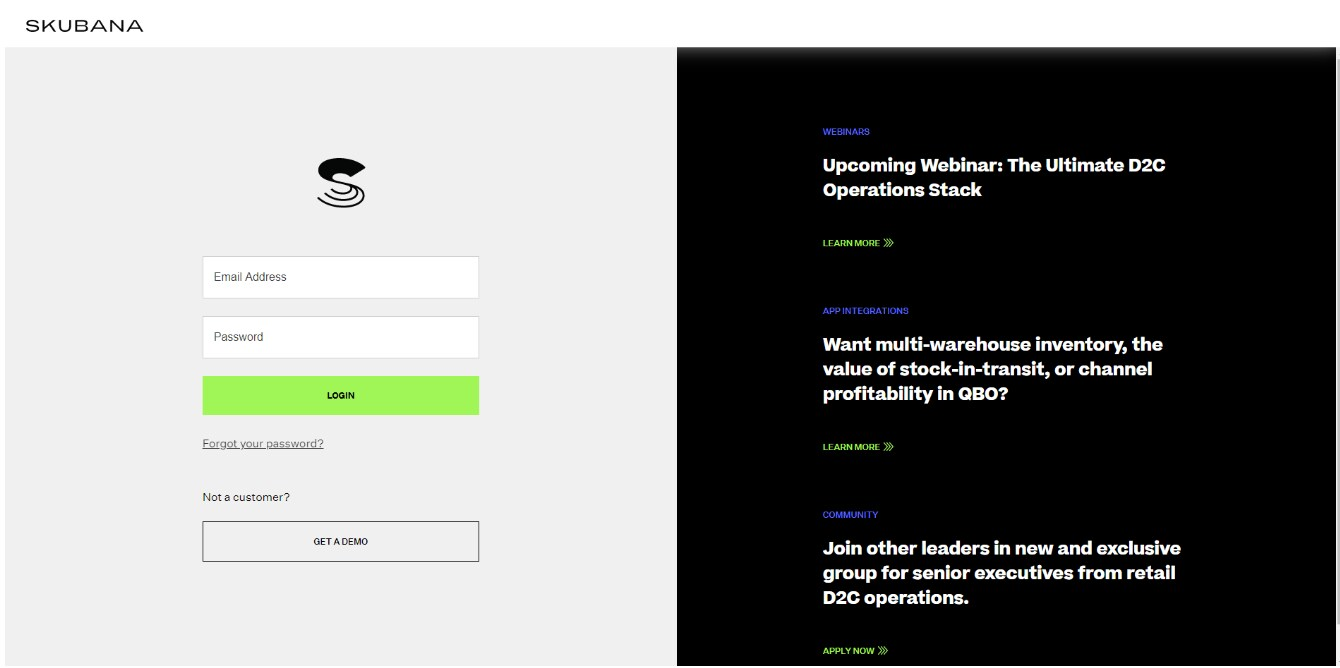 Skubana login page with email and password fields