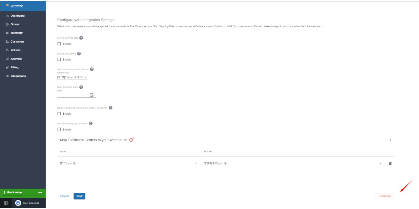 Skubana integration page showing Active status with Sync Now button, Connection Settings, Sync Schedule options, and Sync Logs