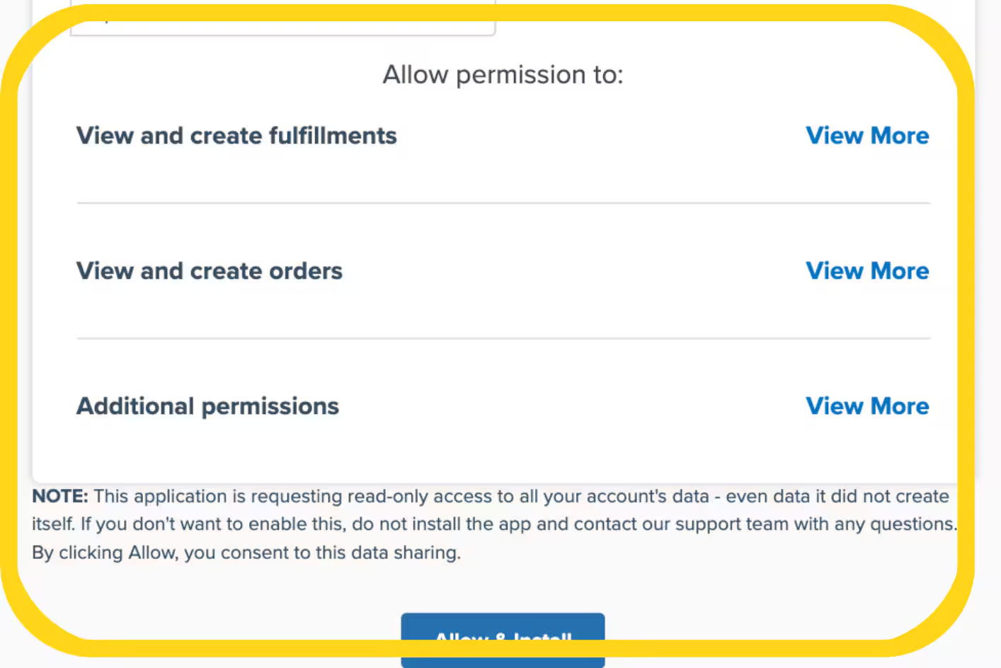 Authorization dialog showing permissions for fulfillments and orders with Authorize & Install button