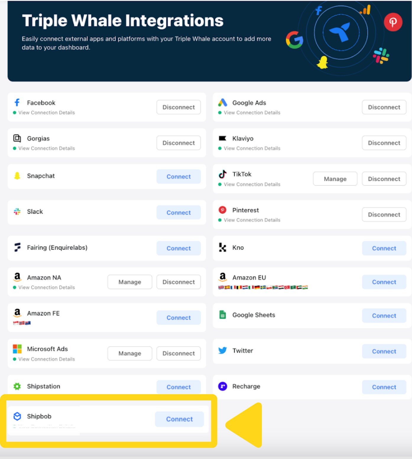 Triple Whale Integrations page showing ShipBob with Connect button