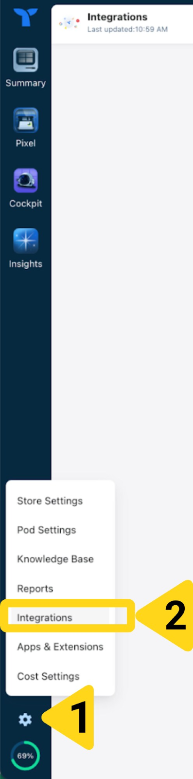 Triple Whale navigation showing gear icon and Integrations option