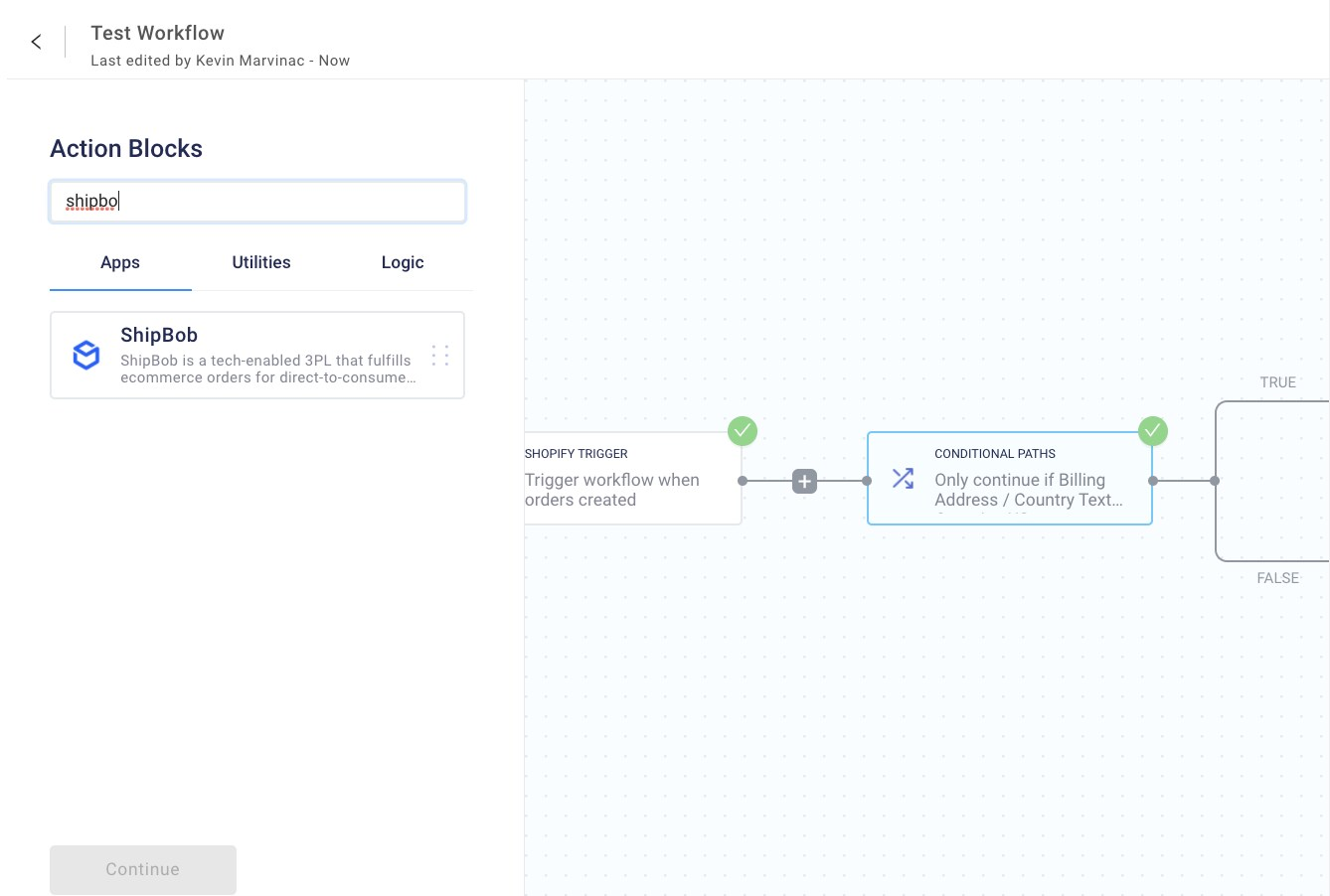 Alloy workflow builder showing ShipBob app in the left navigation panel