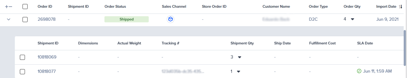 Order View showing split shipments