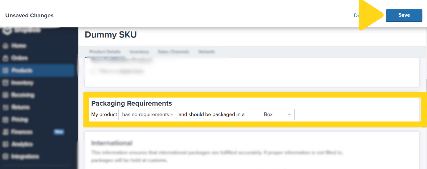 Packaging Requirements section showing has no requirements and Box selected with Save button