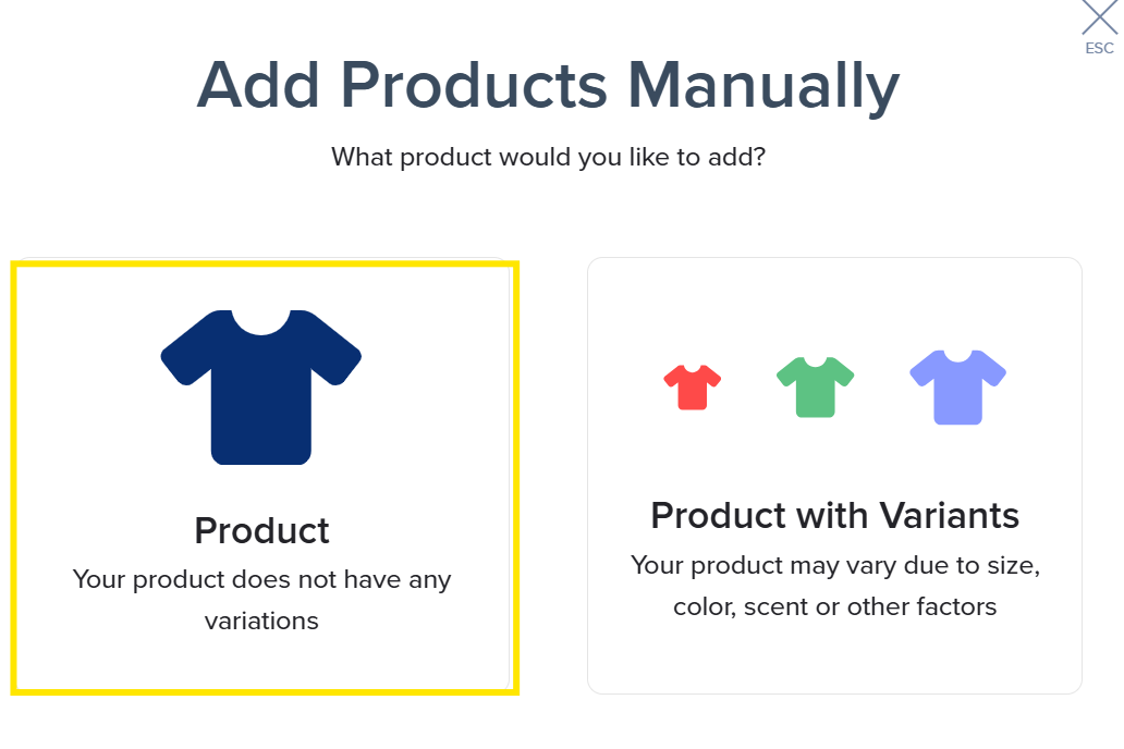 Product type selection dialog with Product option highlighted