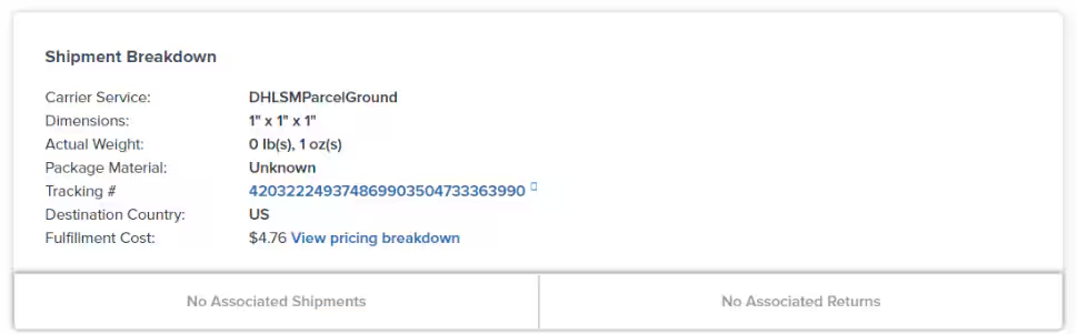 Shipment Breakdown panel with carrier service, dimensions, weight, tracking number, and fulfillment cost