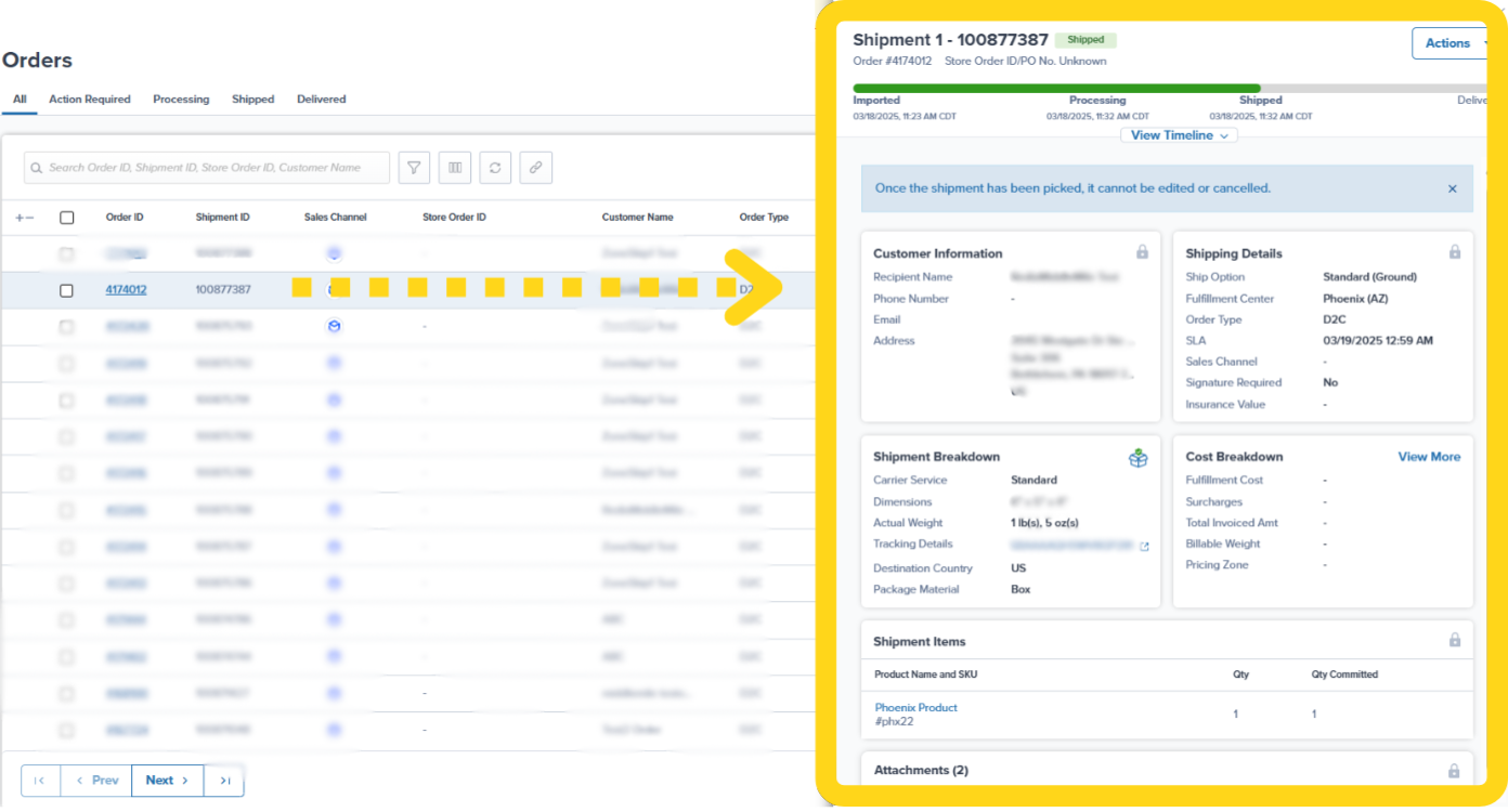 Orders page showing clickable Shipment IDs