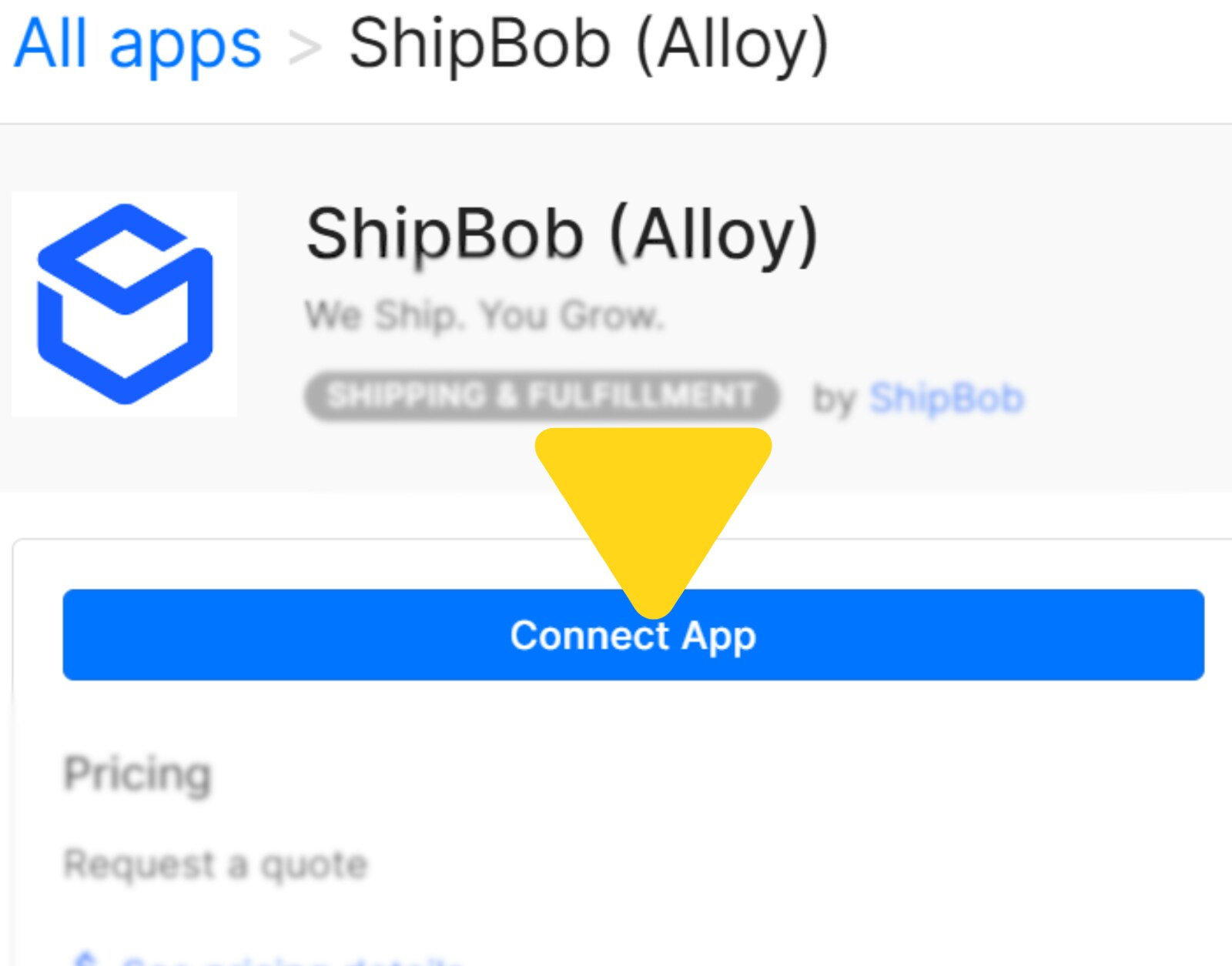 ShipBob (Alloy) app page with Connect App button