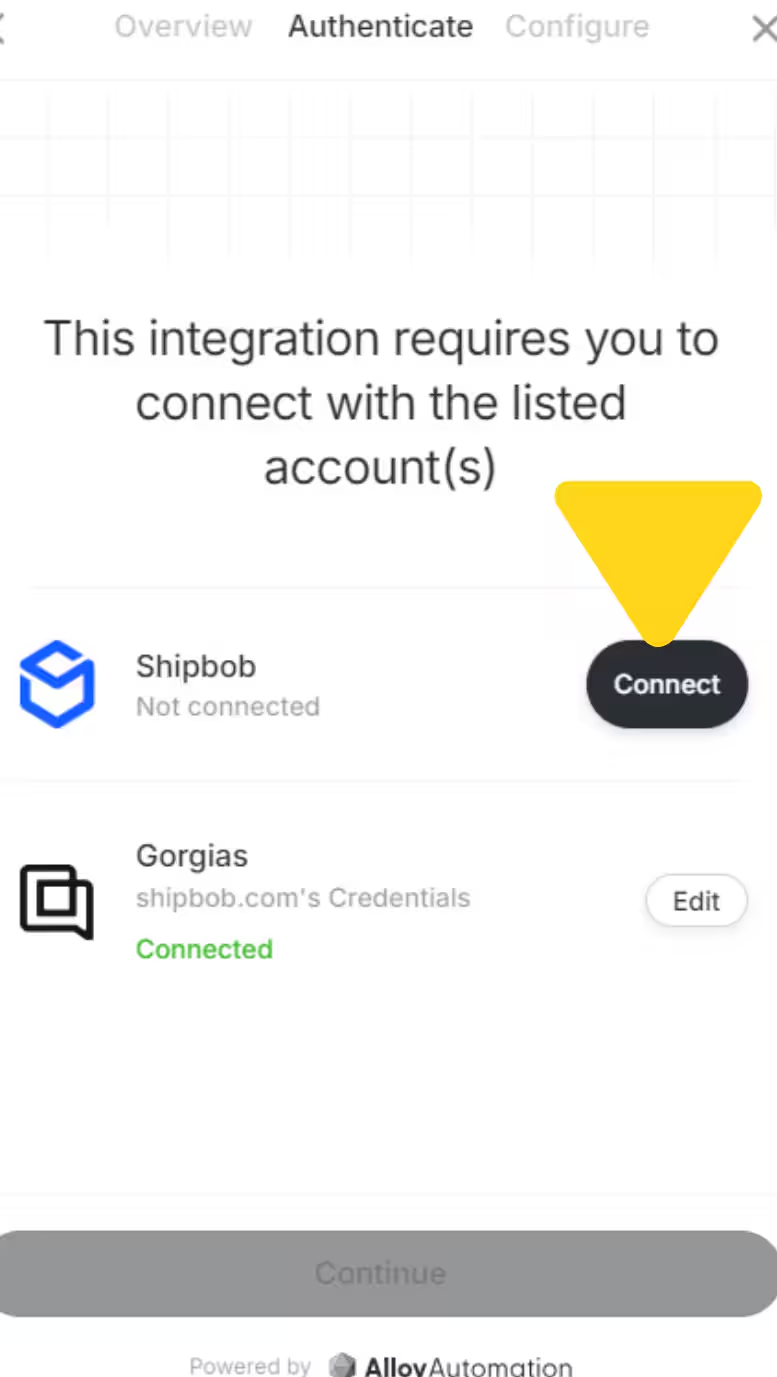 Authentication screen showing ShipBob with Connect button