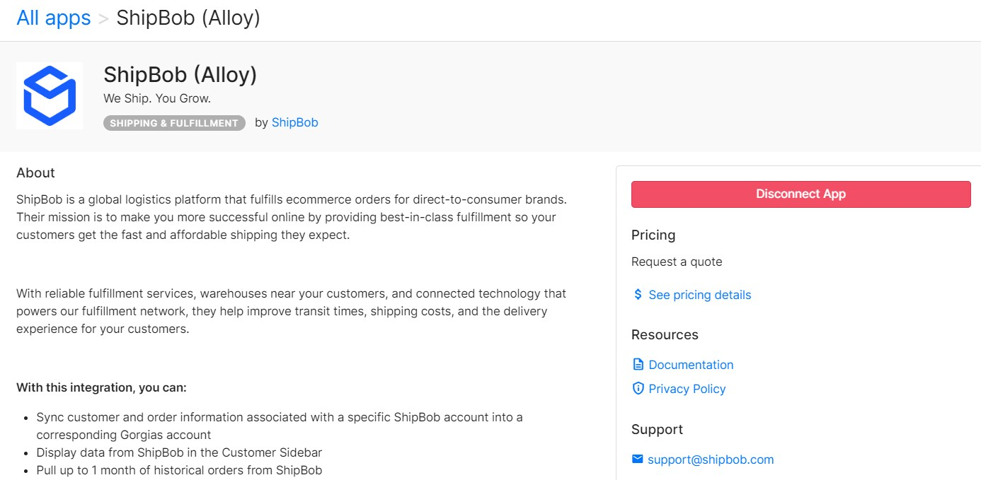 ShipBob (Alloy) app page showing Disconnect App button