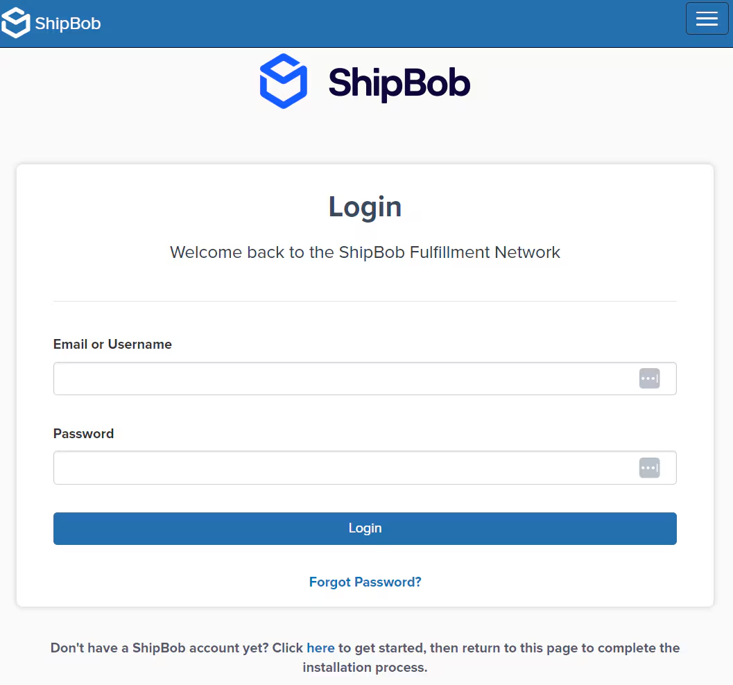 ShipBob login page with email and password fields