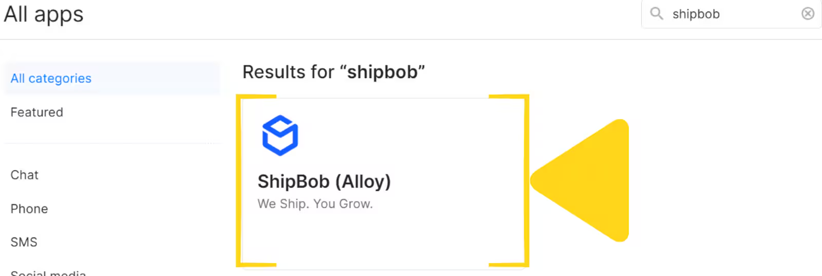 All apps page showing search results for shipbob with ShipBob (Alloy) tile