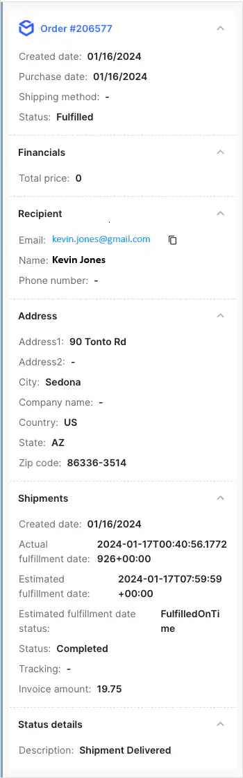 Gorgias ticket sidebar showing ShipBob order information