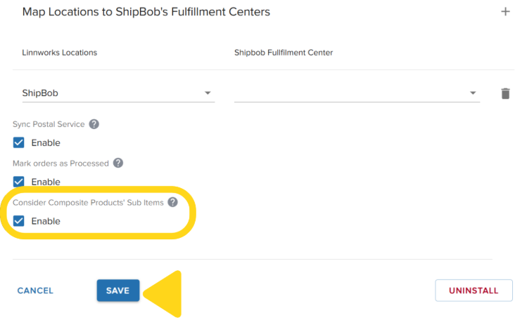 Linnworks connection settings showing Consider Composite Products Sub Items checkbox